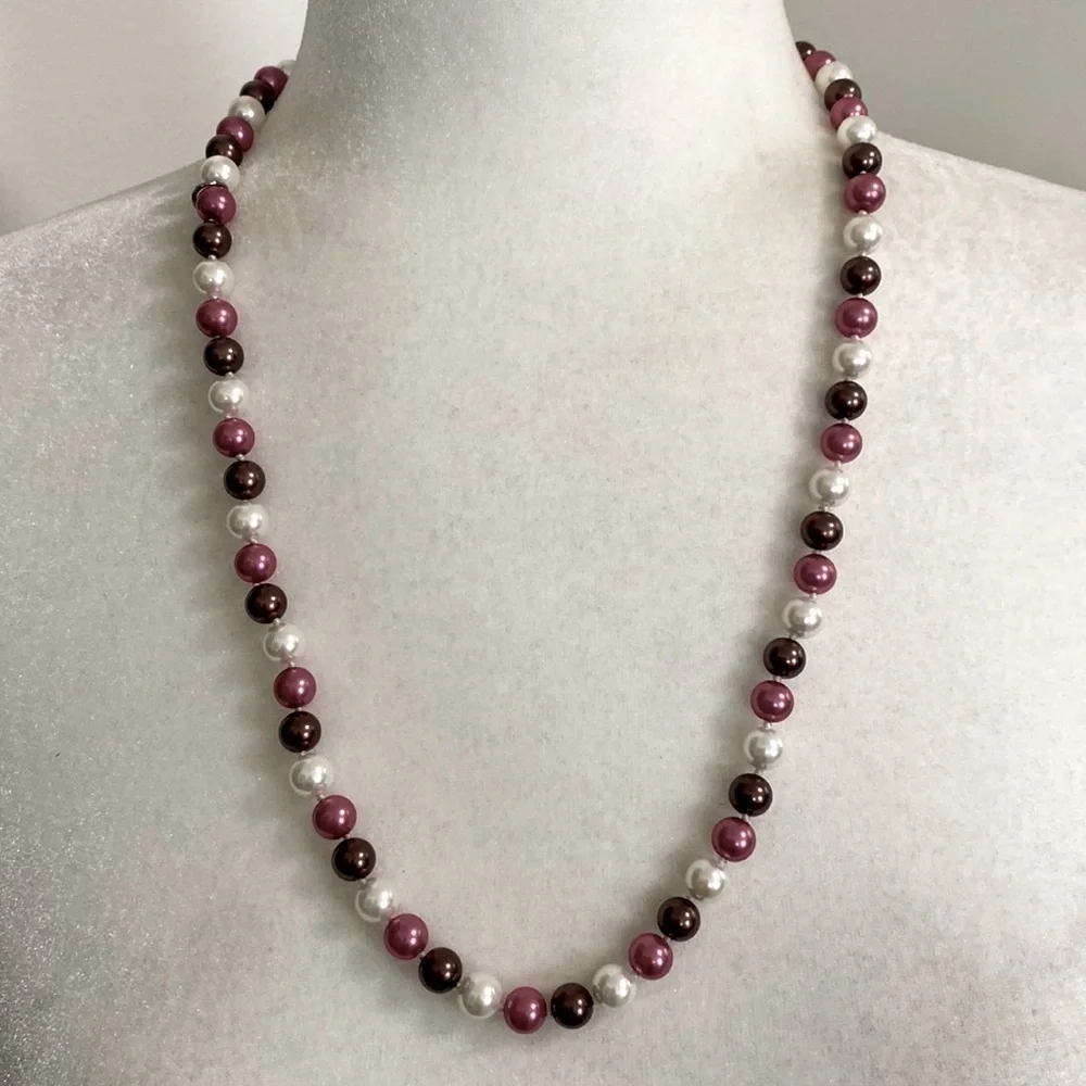 Genuine Freshwater Pearls Strand Necklace /Multicolor Pink Burgundy White